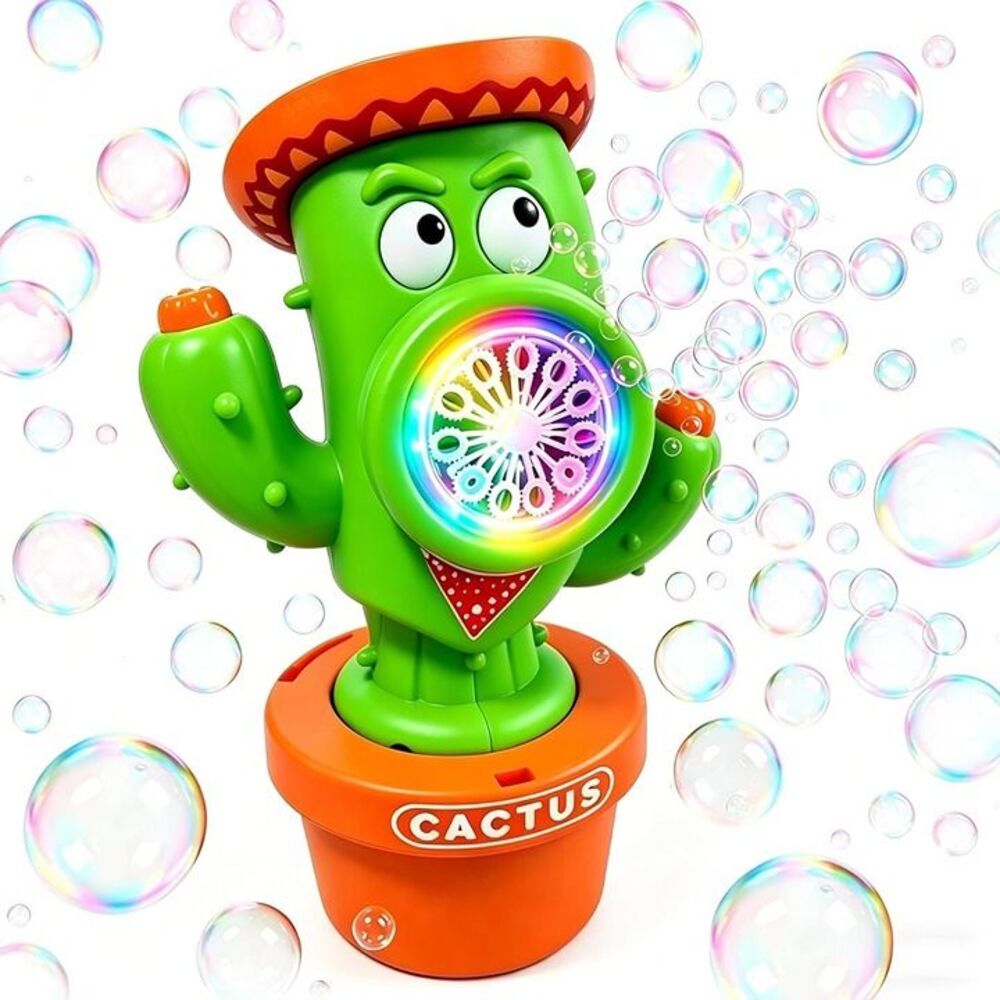 Bubble Machine for Kids, Rechargeable Cactus Bubble Maker with Lights & Music